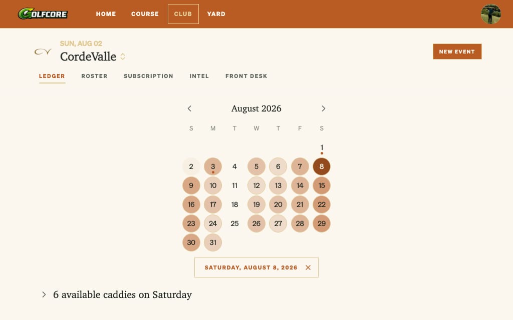 A club's tee sheet calendar with each day shaded by how many caddies are available