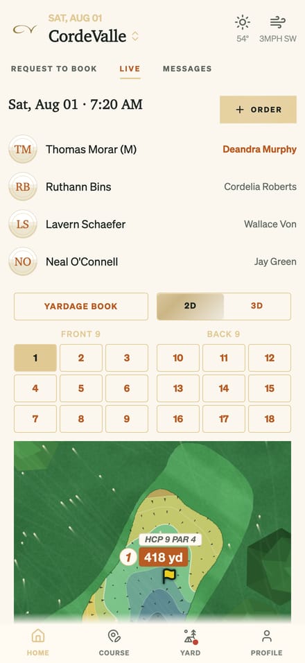 GolfCore home screen showing a member's group, their caddies, and the hole ahead