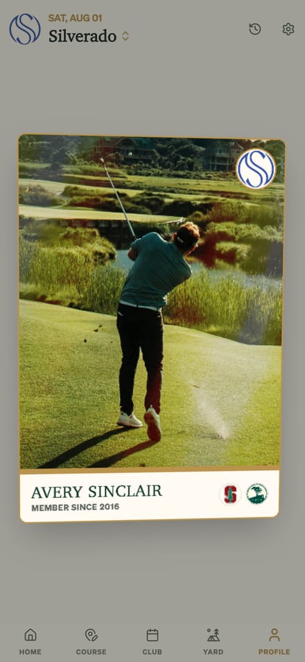 GolfCore player card with club badges and standing