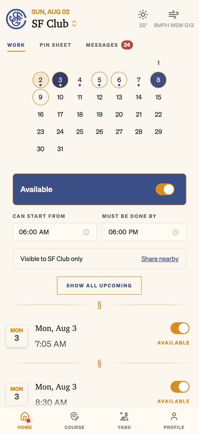 The reach control: availability kept to the home club, or offered to nearby clubs with one tap