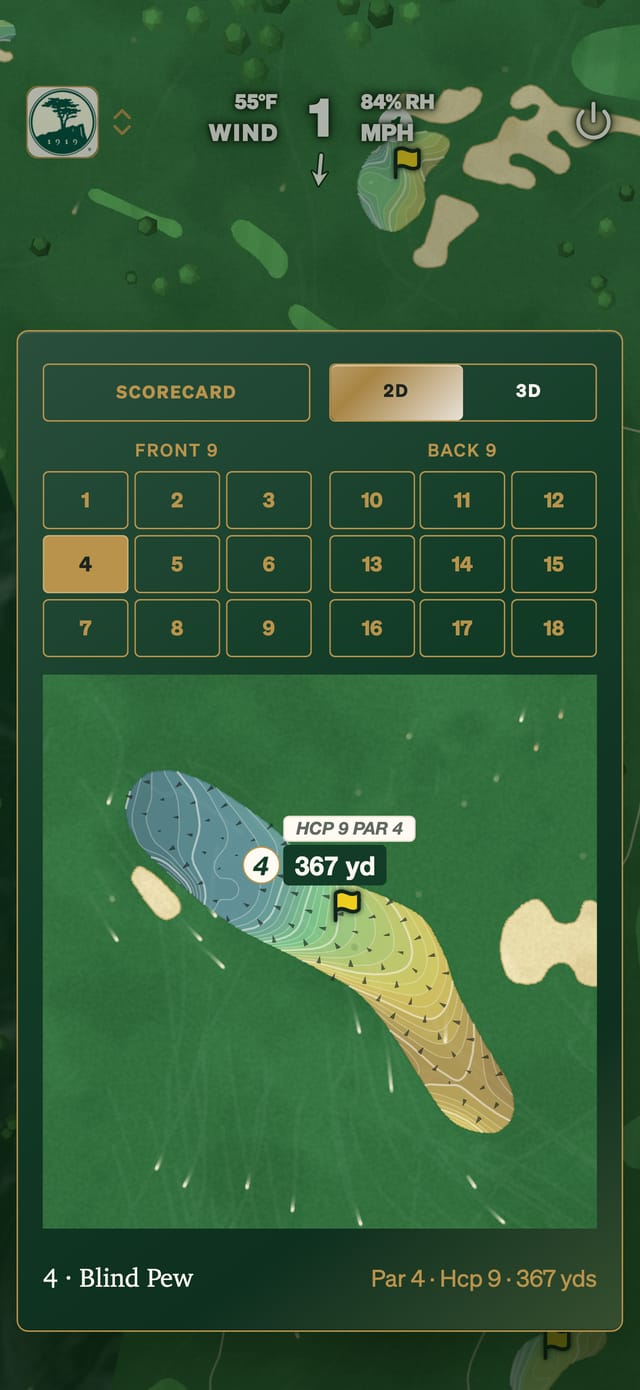 GolfCore green map with contours and fall-line arrows