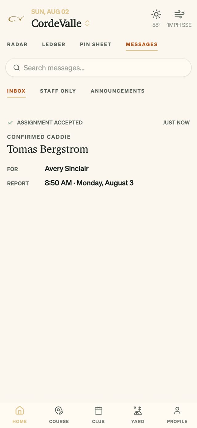 The caddie master's inbox: an assignment accepted, with the confirmed caddie, member, and report time
