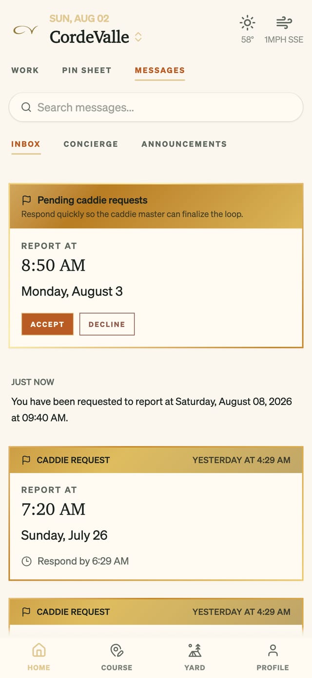 A caddie's pending loop request with report time and Accept and Decline buttons