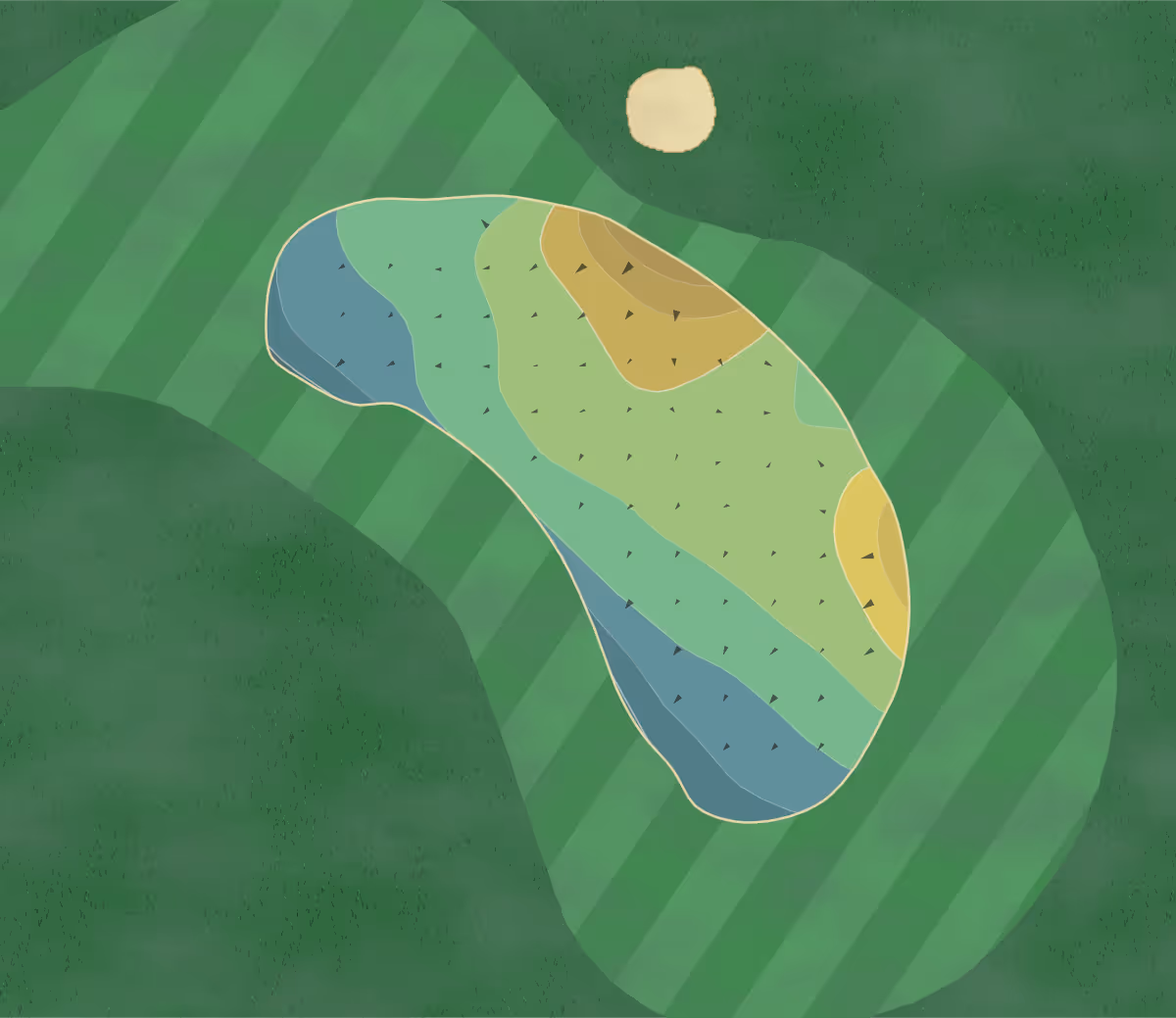 Green contour map of 16 holes in Four Corners, Florida — 7 elevation contours at a 3-inch interval with fall-line arrows, traced from 1-meter lidar