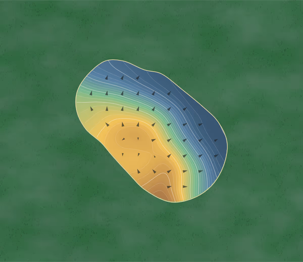 Green contour map of 1770 Golf Club in Agnes Water, Australia — 155 elevation contours at a 8-centimeter interval with fall-line arrows, traced from 1-meter lidar
