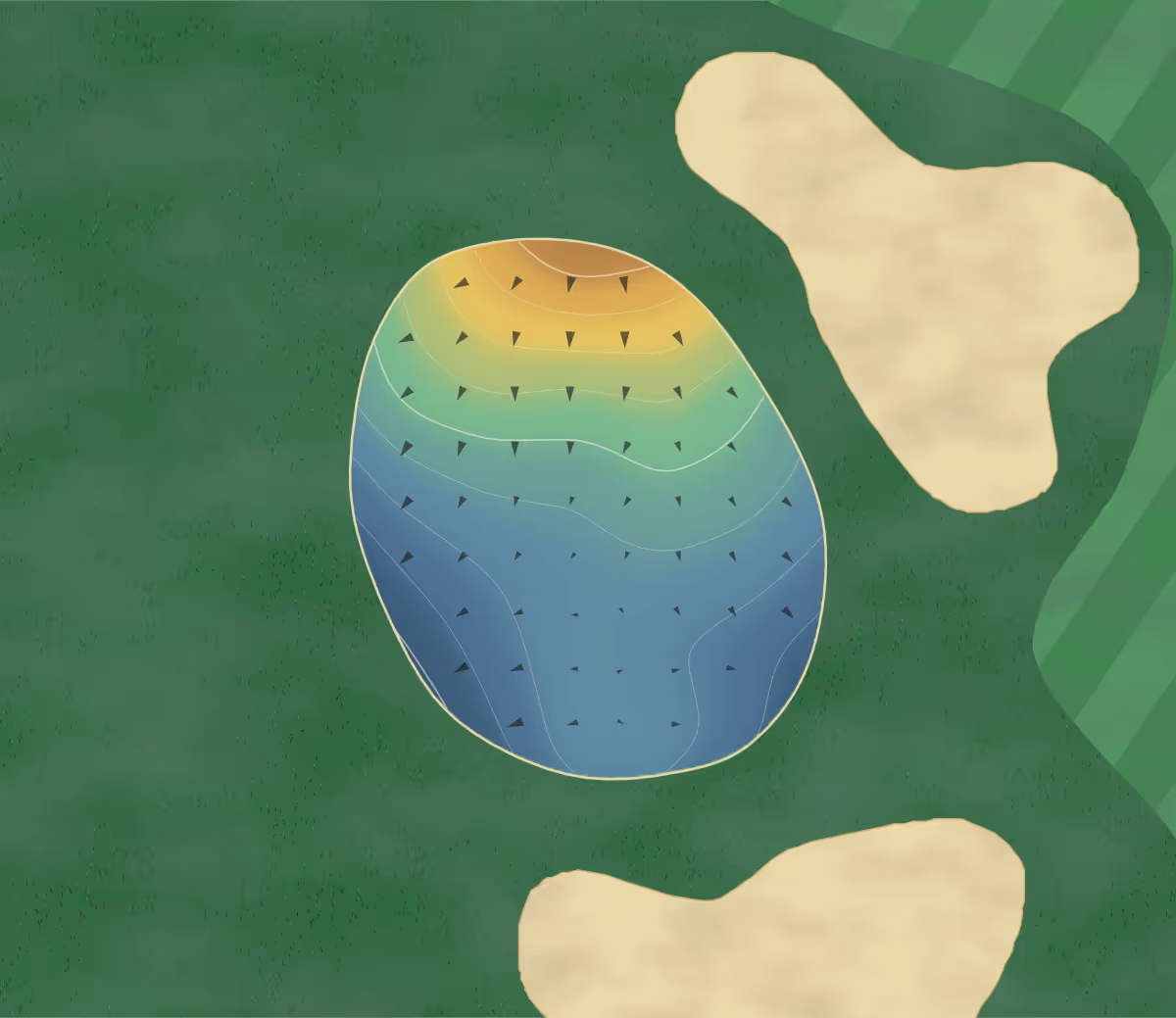 Green contour map of 25 Nasu Golf Garden in Nasu, Japan: 127 elevation contours at a 8-centimeter interval with fall-line arrows, traced from 1-meter lidar