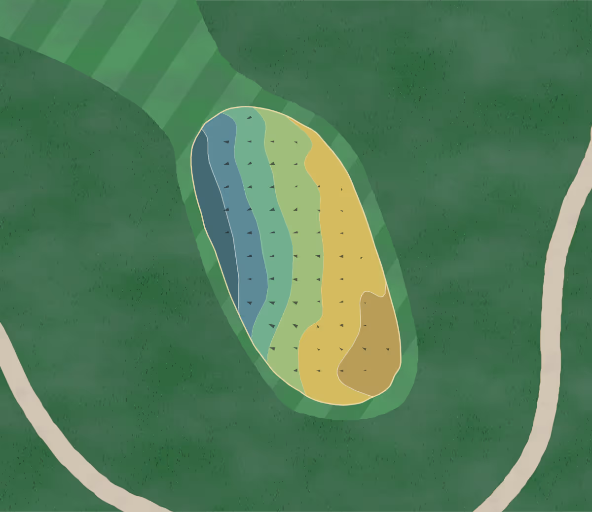 Green contour map of 3 Lakes in Pittsburgh, Pennsylvania — 7 elevation contours at a 3-inch interval with fall-line arrows, traced from 1-meter lidar