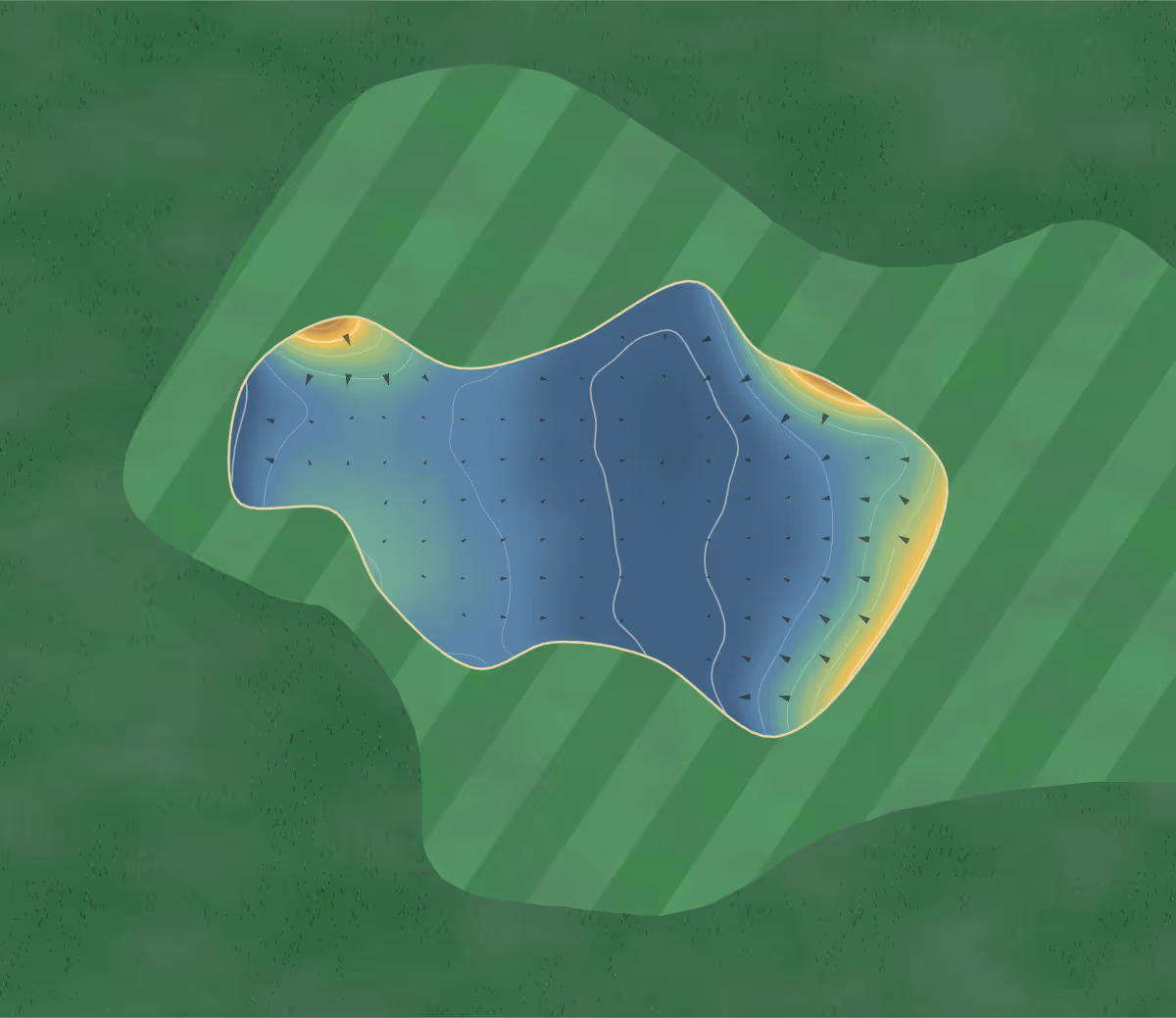 Green contour map of Abbey Hill in Milton Keynes, England: 163 elevation contours at a 8-centimeter interval with fall-line arrows, traced from 1-meter lidar