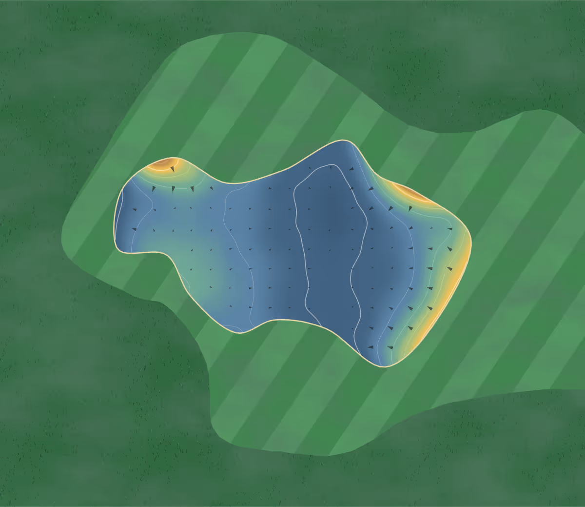 Green contour map of Abbey Hill in Milton Keynes, Buckinghamshire, England — 159 elevation contours at a 8-centimeter interval with fall-line arrows, traced from 1-meter lidar
