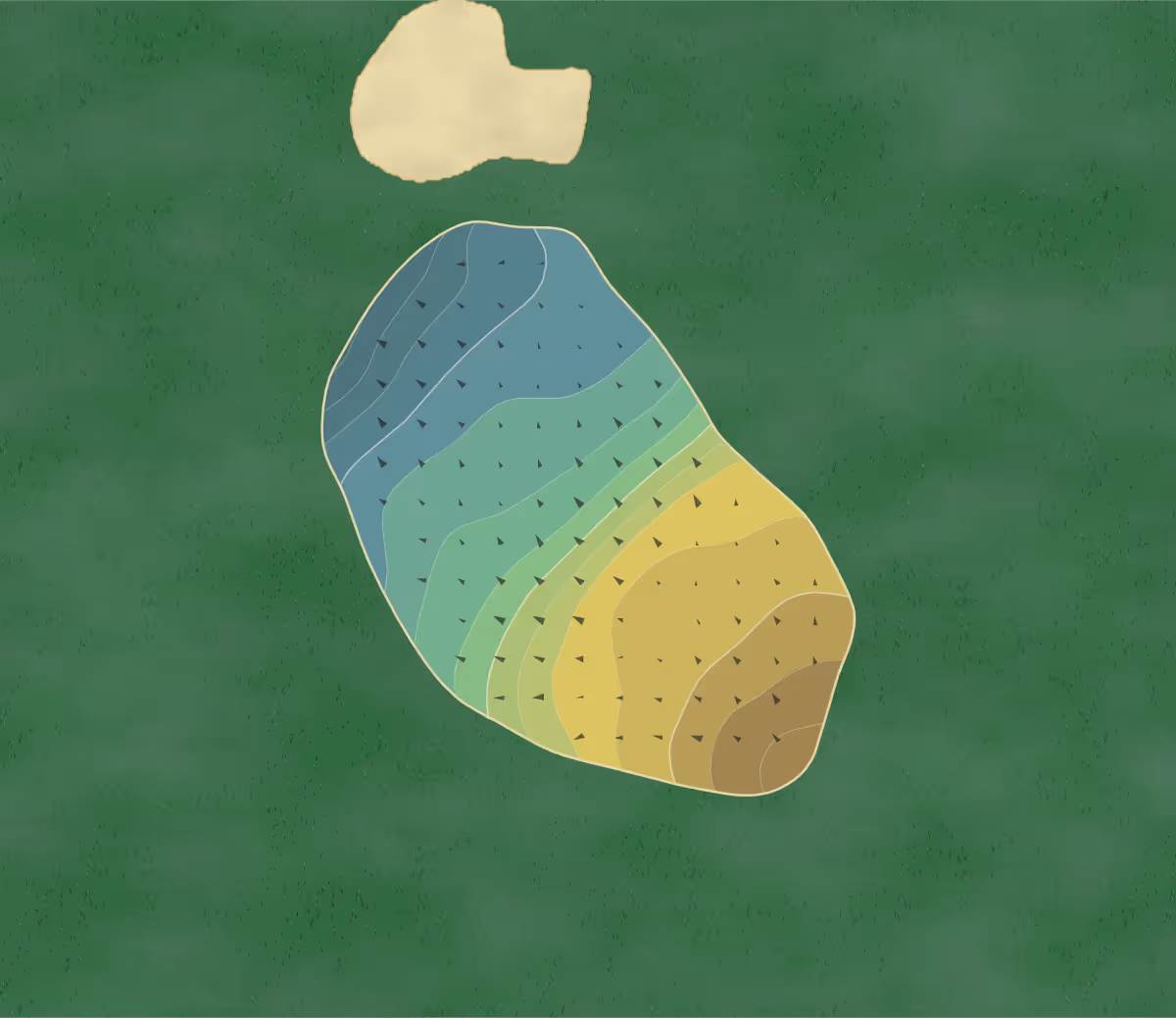 Green contour map of Abbey Moor in Addlestone, England — 60 elevation contours at a 8-centimeter interval with fall-line arrows, traced from 1-meter lidar