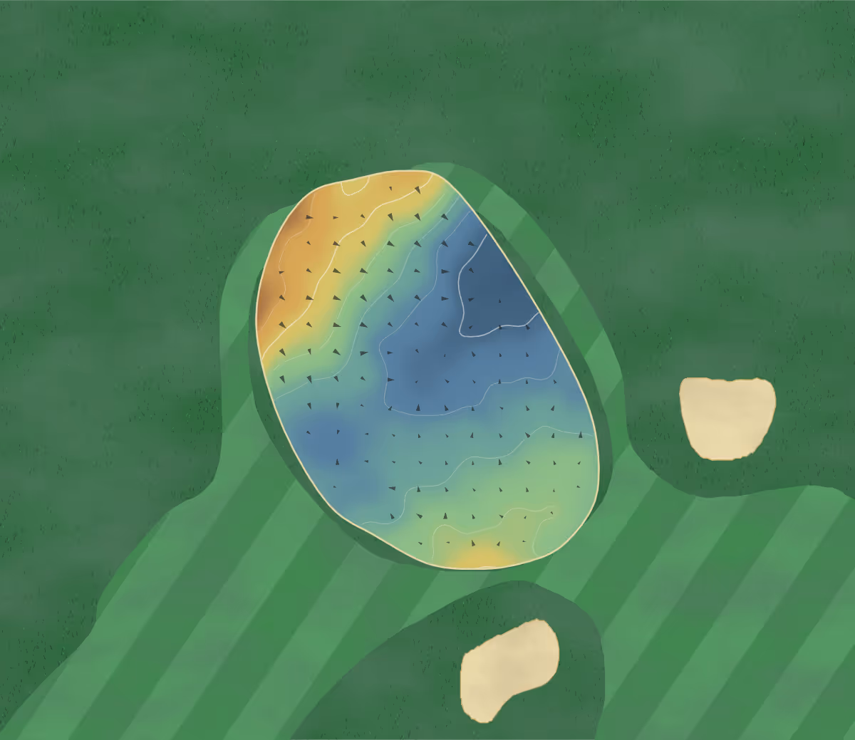 Green contour map of Aberfeldy in Aberfeldy, Scotland: 31 elevation contours at a 8-centimeter interval with fall-line arrows, traced from 1-meter lidar