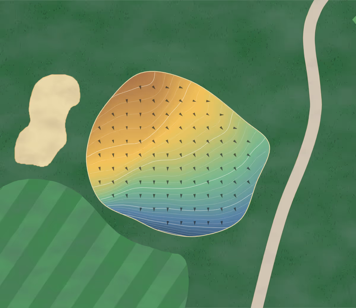 Green contour map of Abitibi in Iroquois Falls, Canada — 112 elevation contours at a 8-centimeter interval with fall-line arrows, traced from 1-meter lidar
