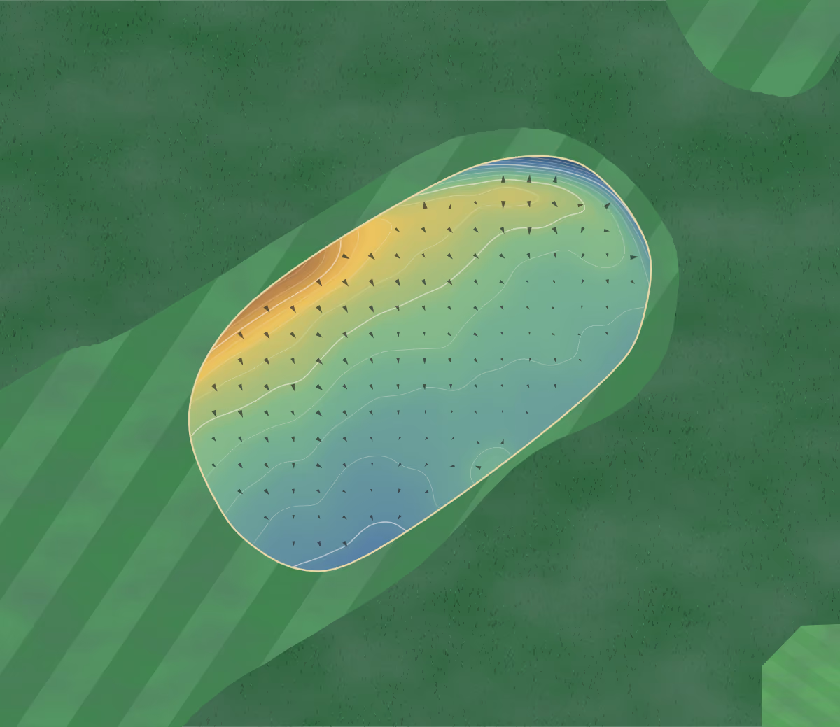 Green contour map of Accrington in Accrington, England: 227 elevation contours at a 8-centimeter interval with fall-line arrows, traced from 1-meter lidar