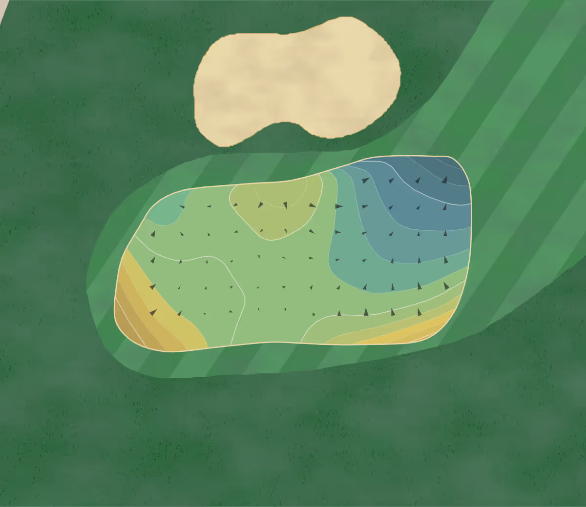 Green contour map of Achasta GC in Dahlonega, Georgia — 176 elevation contours at a 3-inch interval with fall-line arrows, traced from 1-meter lidar