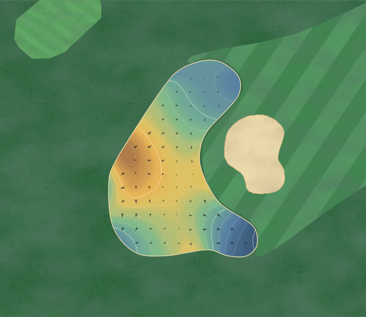 Green contour map of Ackia in Ackerman, Mississippi: 100 elevation contours at a 3-inch interval with fall-line arrows, traced from 1-meter lidar