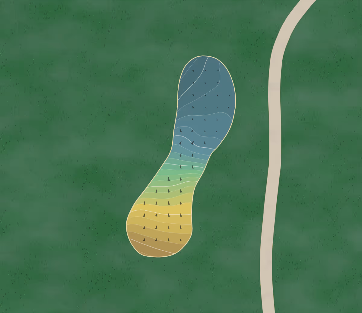 Green contour map of The Acorns in Waterloo, Illinois — 204 elevation contours at a 3-inch interval with fall-line arrows, traced from 1-meter lidar