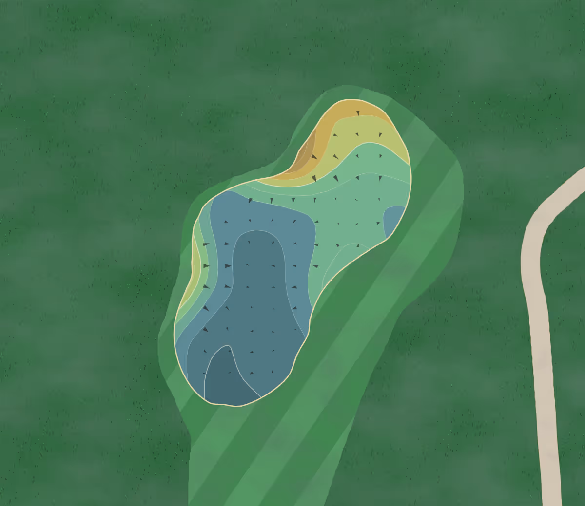 Green contour map of Adams Pointe in Blue Springs, Missouri — 160 elevation contours at a 3-inch interval with fall-line arrows, traced from 1-meter lidar