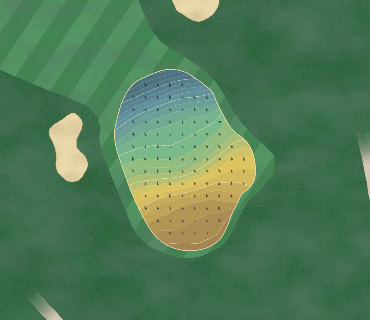 Green contour map of Addington GC in Croydon, England — 196 elevation contours at a 8-centimeter interval with fall-line arrows, traced from 1-meter lidar