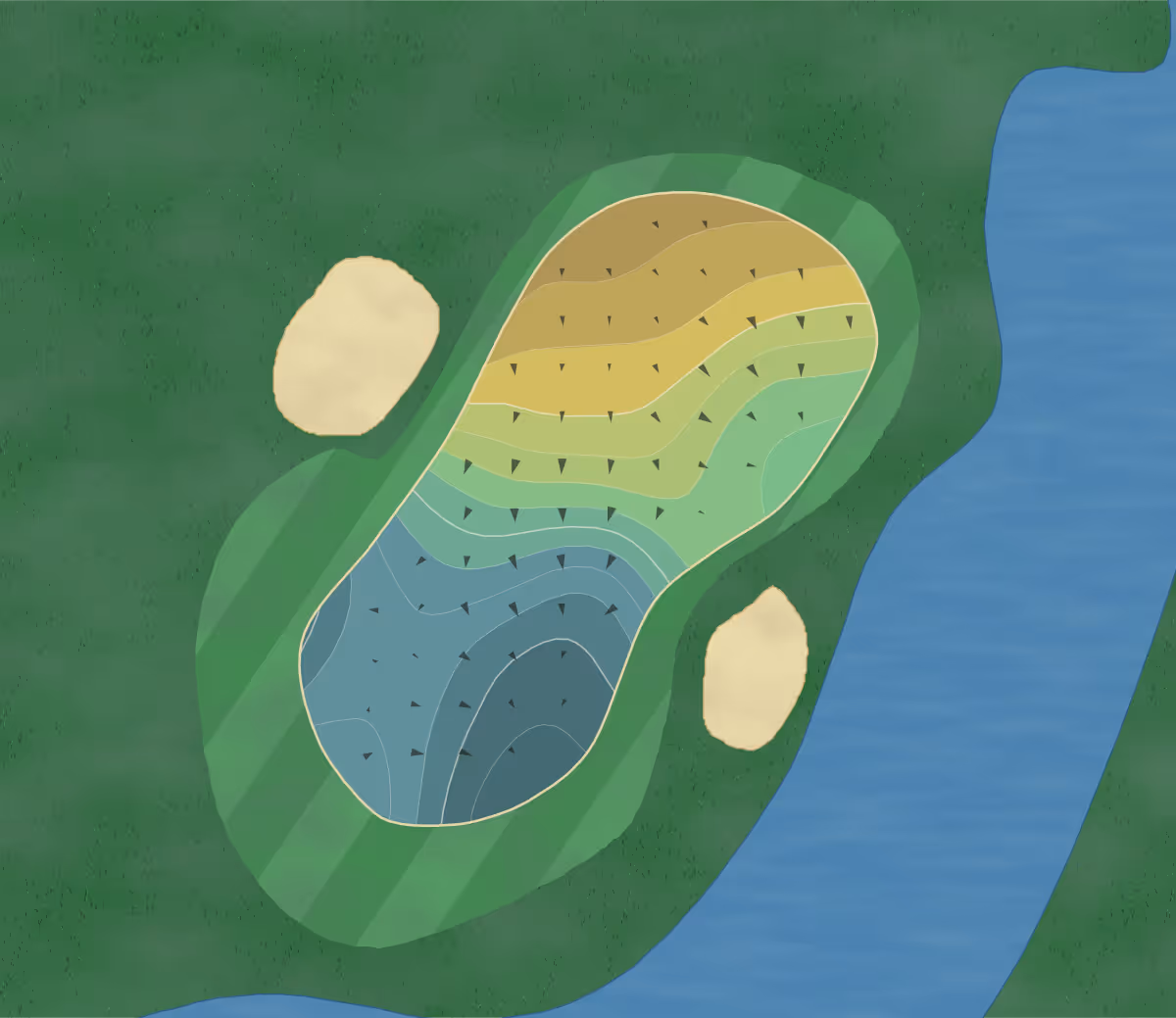 Green contour map of Addison Reserve in Delray Beach, Florida — 75 elevation contours at a 3-inch interval with fall-line arrows, traced from 1-meter lidar