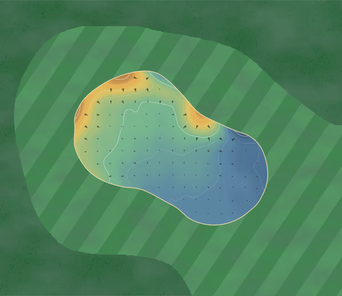 Green contour map of Adlington in Macclesfield, England — 92 elevation contours at a 8-centimeter interval with fall-line arrows, traced from 1-meter lidar