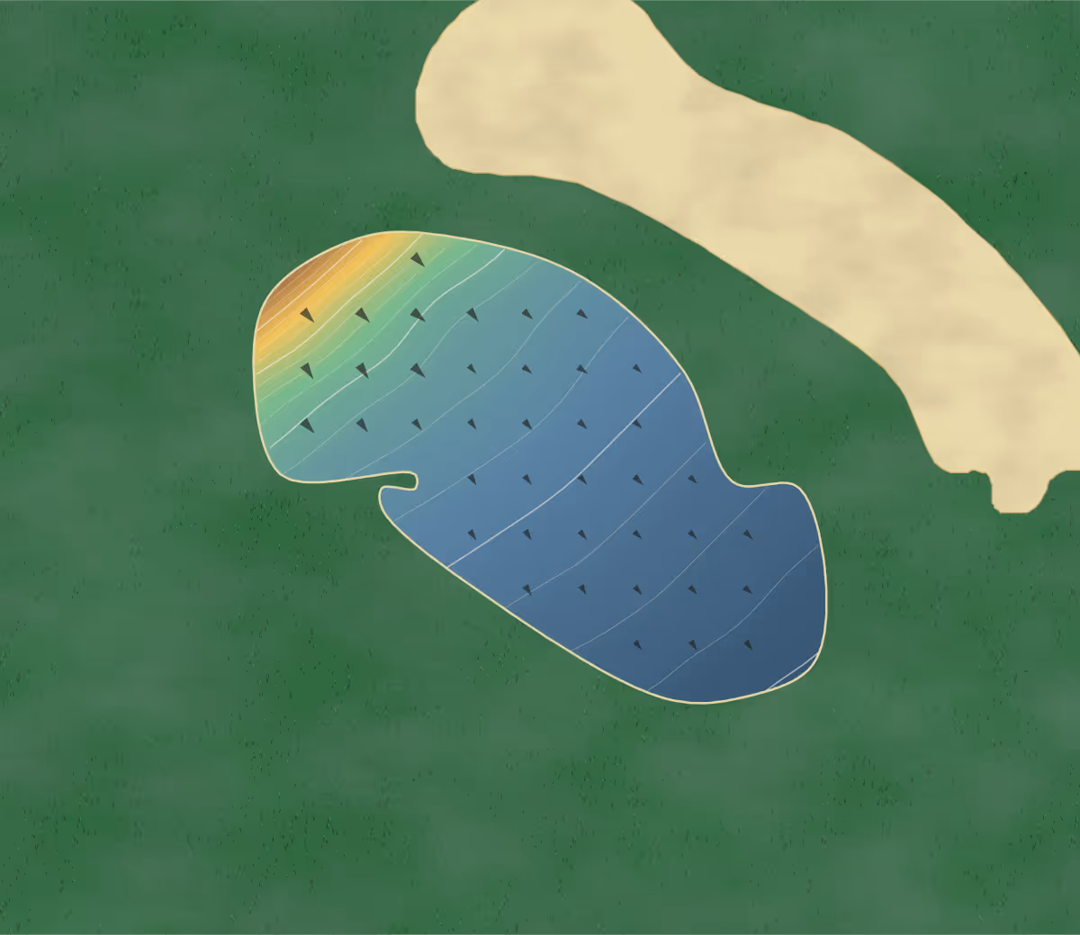 Green contour map of Aigawa in Kobe, Japan: 70 elevation contours at a 8-centimeter interval with fall-line arrows, traced from 1-meter lidar
