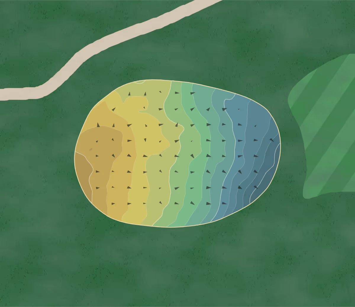 Green contour map of Airways Golf in West Suffiled, Connecticut — 174 elevation contours at a 3-inch interval with fall-line arrows, traced from 1-meter lidar