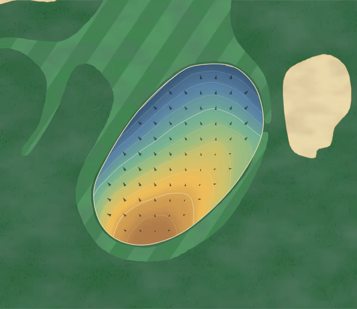 Green contour map of Aiwa Miyazaki Golf Course in Japan — 149 elevation contours at a 8-centimeter interval with fall-line arrows, traced from 1-meter lidar