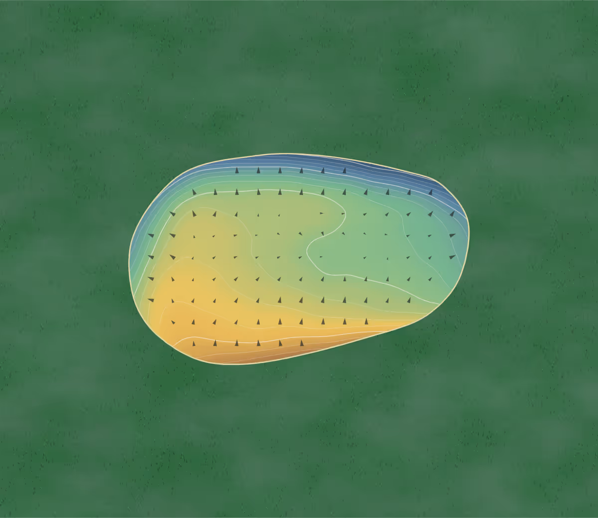 Green contour map of Akebar Park in Leyburn, England: 78 elevation contours at a 8-centimeter interval with fall-line arrows, traced from 1-meter lidar