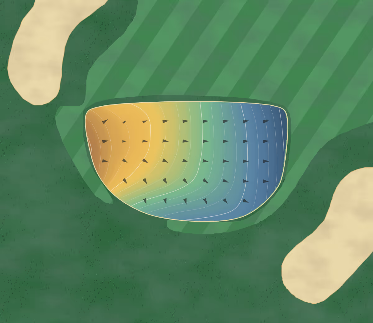 Green contour map of Akechi Golf Club - Shinsaiji Course in Japan — 177 elevation contours at a 8-centimeter interval with fall-line arrows, traced from 1-meter lidar