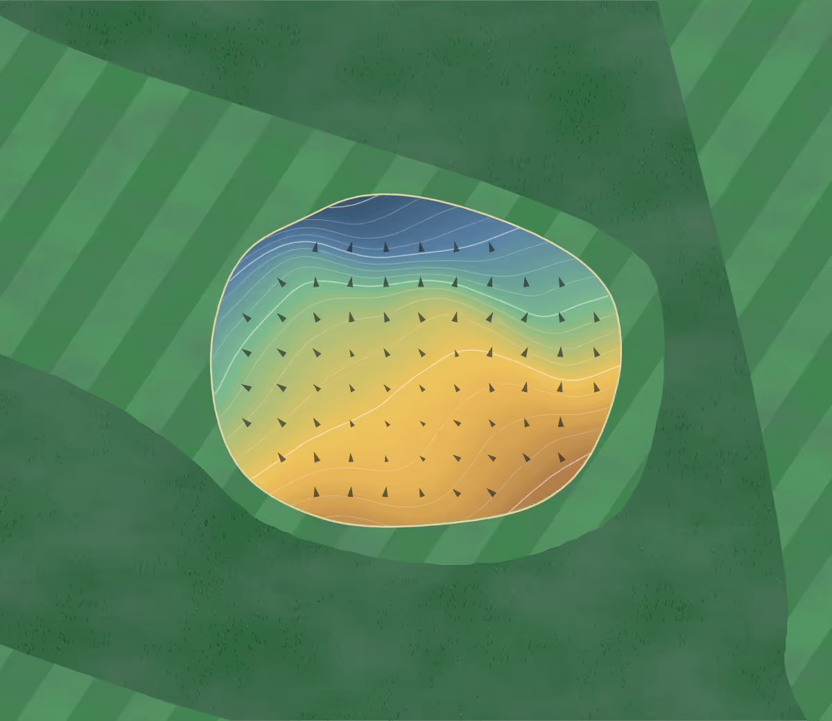 Green contour map of River Course in Aldeburgh, England — 114 elevation contours at a 8-centimeter interval with fall-line arrows, traced from 1-meter lidar