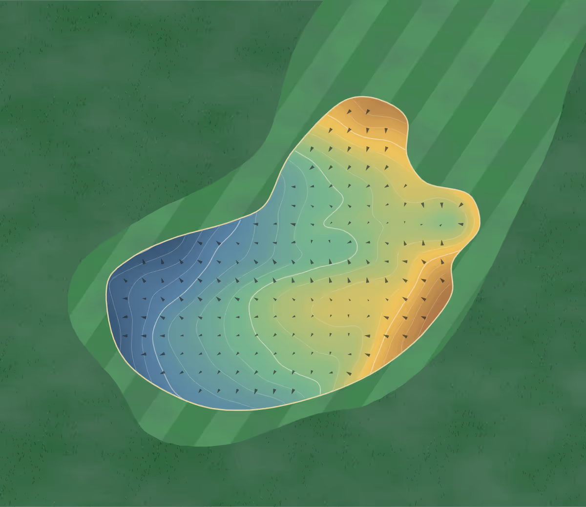 Green contour map of Alderdale Greens in Point Edward, Canada — 100 elevation contours at a 8-centimeter interval with fall-line arrows, traced from 1-meter lidar