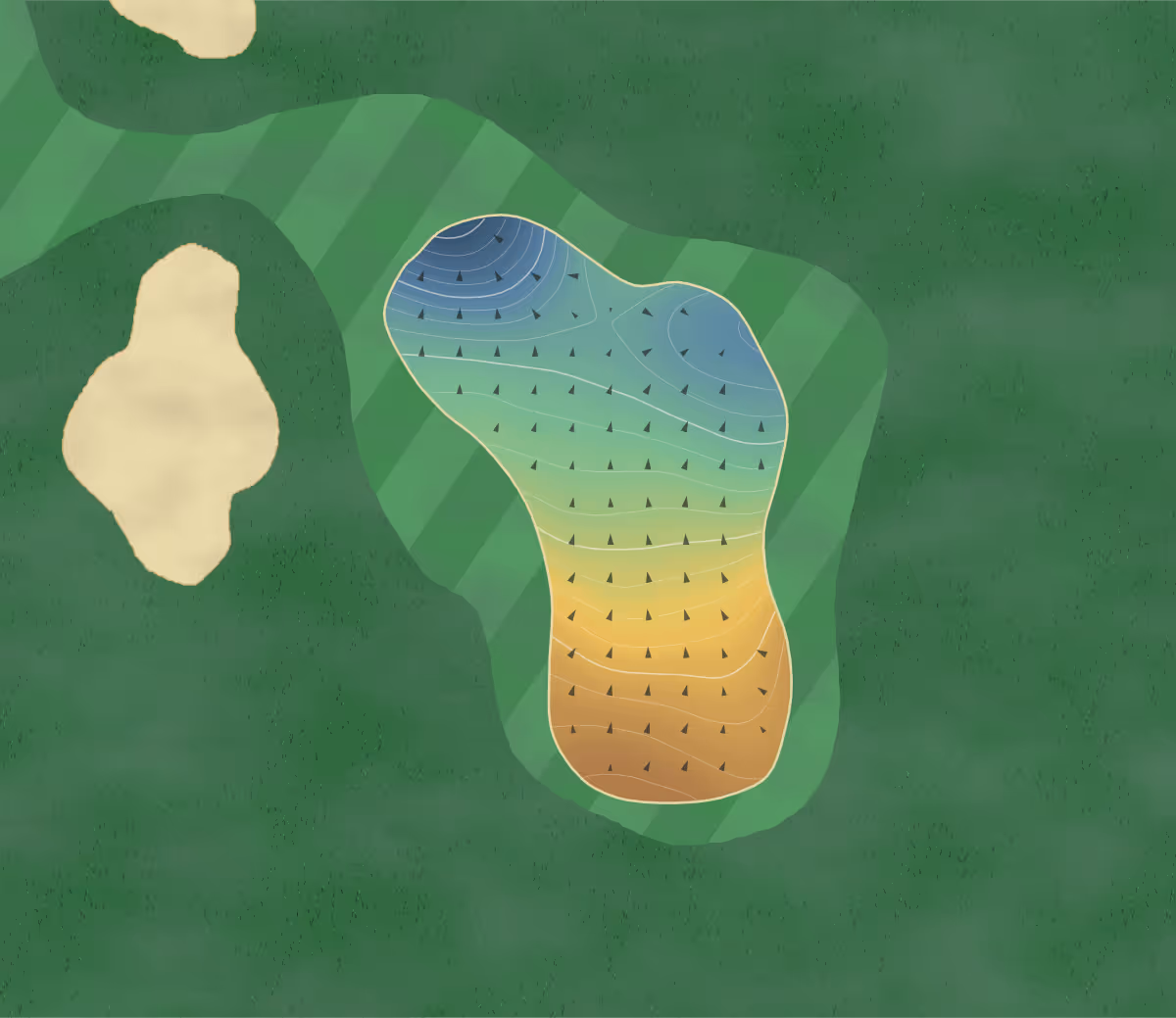 Green contour map of Aldwickbury Park in Harpenden, England — 191 elevation contours at a 8-centimeter interval with fall-line arrows, traced from 1-meter lidar