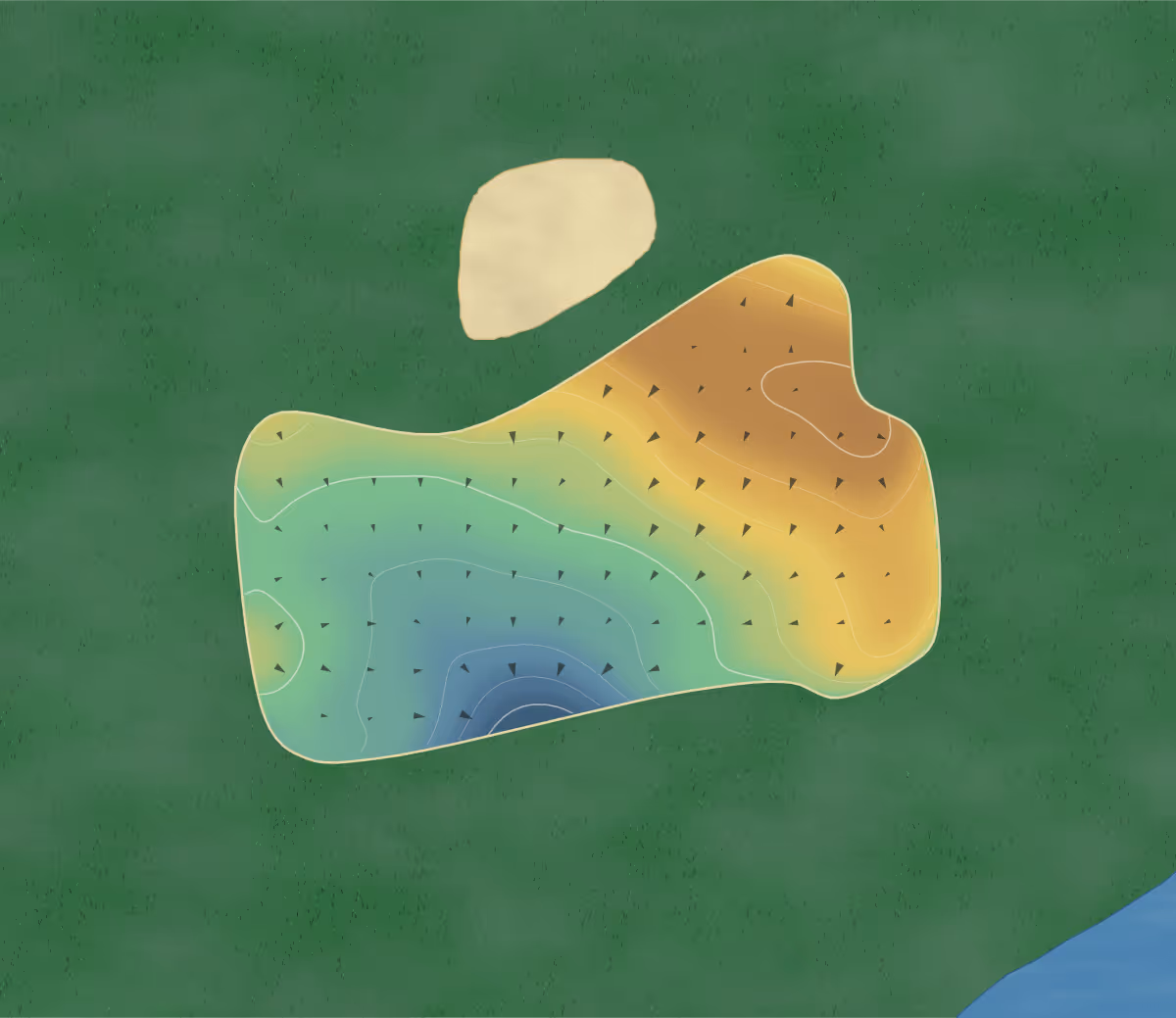 Green contour map of Alexandria GC in Alexandria, Minnesota: 176 elevation contours at a 3-inch interval with fall-line arrows, traced from 1-meter lidar