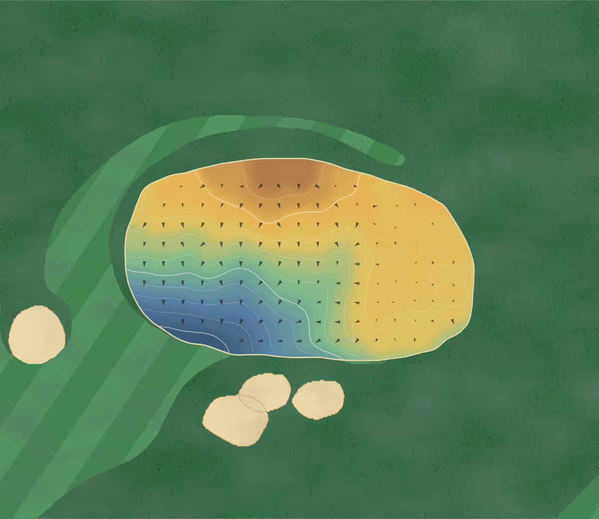 Green contour map of Alford in Alford, Scotland: 88 elevation contours at a 8-centimeter interval with fall-line arrows, traced from 1-meter lidar