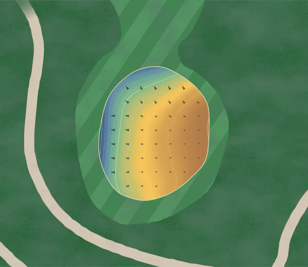 Green contour map of All Vets in Iowa, United States — 67 elevation contours at a 3-inch interval with fall-line arrows, traced from 1-meter lidar