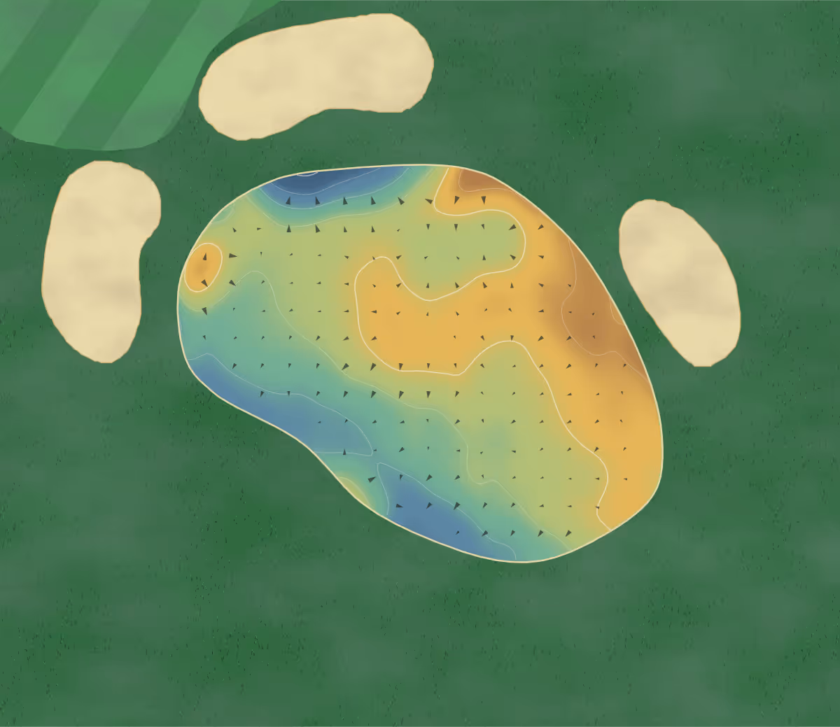 Green contour map of Allerthorpe Park in Allerthorpe, United Kingdom: 70 elevation contours at a 8-centimeter interval with fall-line arrows, traced from 1-meter lidar