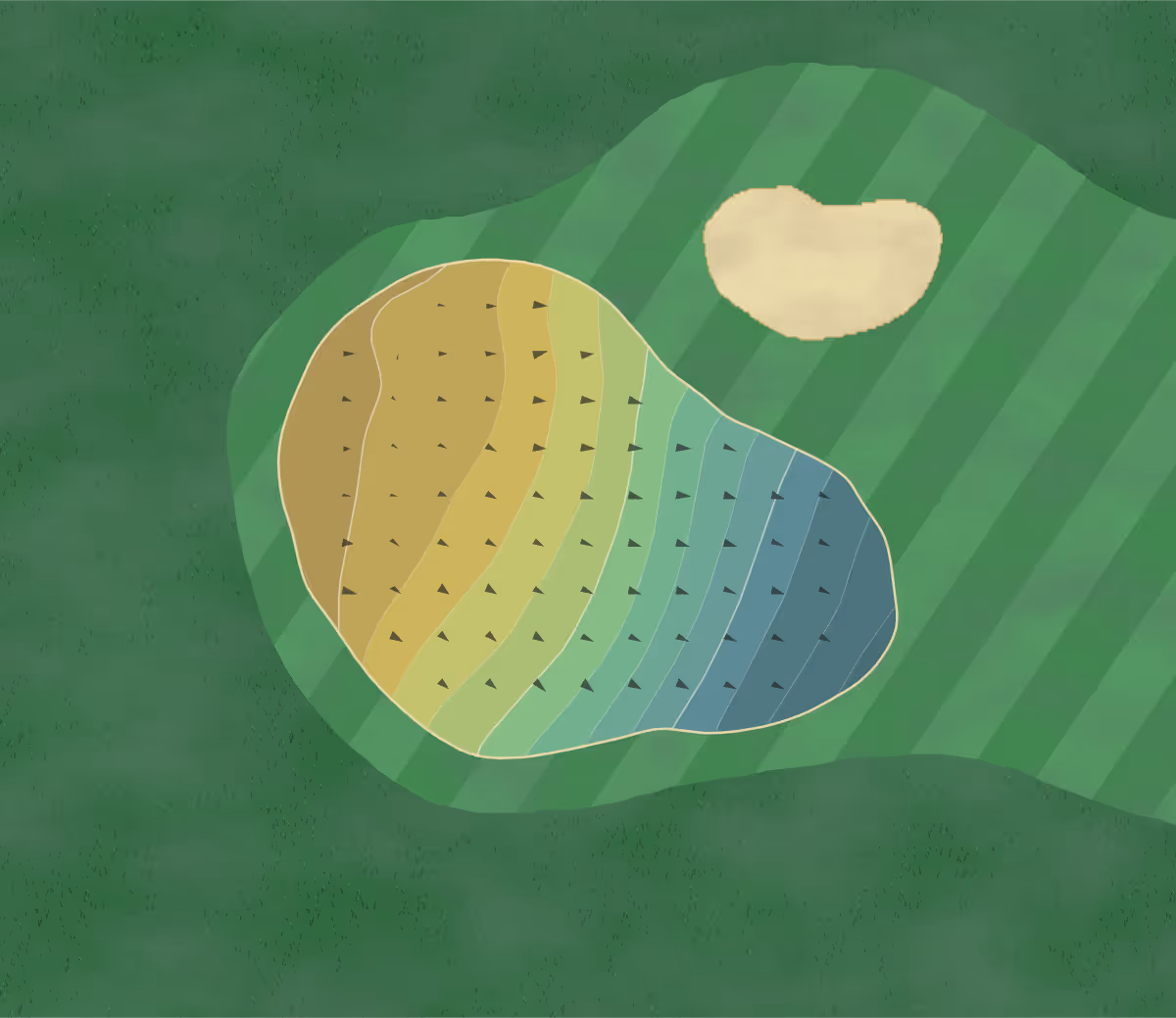 Green contour map of Allerthorpe Park in Yorkshire, England — 121 elevation contours at a 8-centimeter interval with fall-line arrows, traced from 1-meter lidar