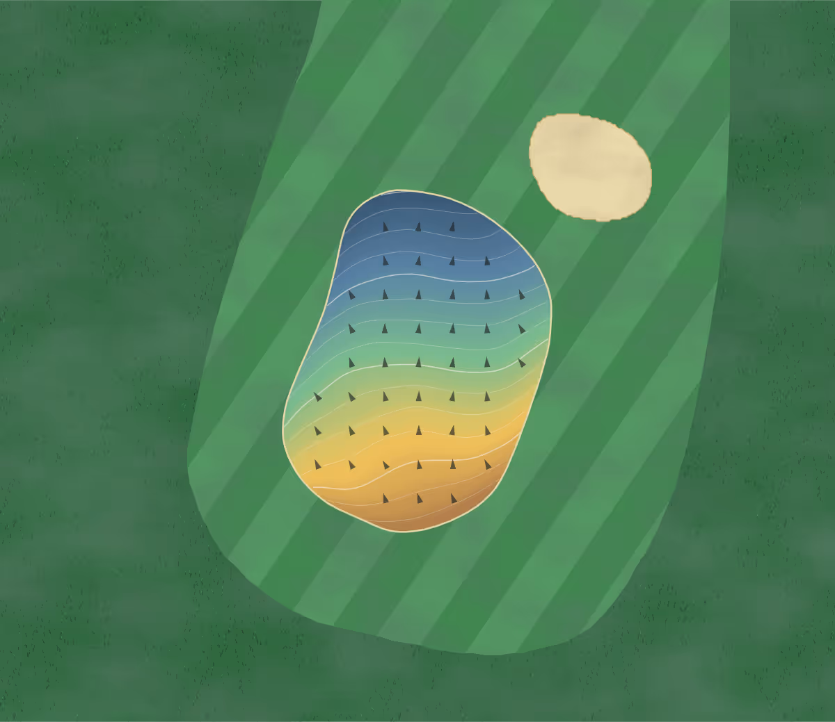 Green contour map of Allesley Park in United Kingdom — 148 elevation contours at a 8-centimeter interval with fall-line arrows, traced from 1-meter lidar