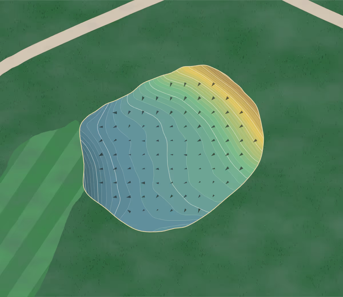 Green contour map of Alpine Country in Demarest, New Jersey — 416 elevation contours at a 3-inch interval with fall-line arrows, traced from 1-meter lidar