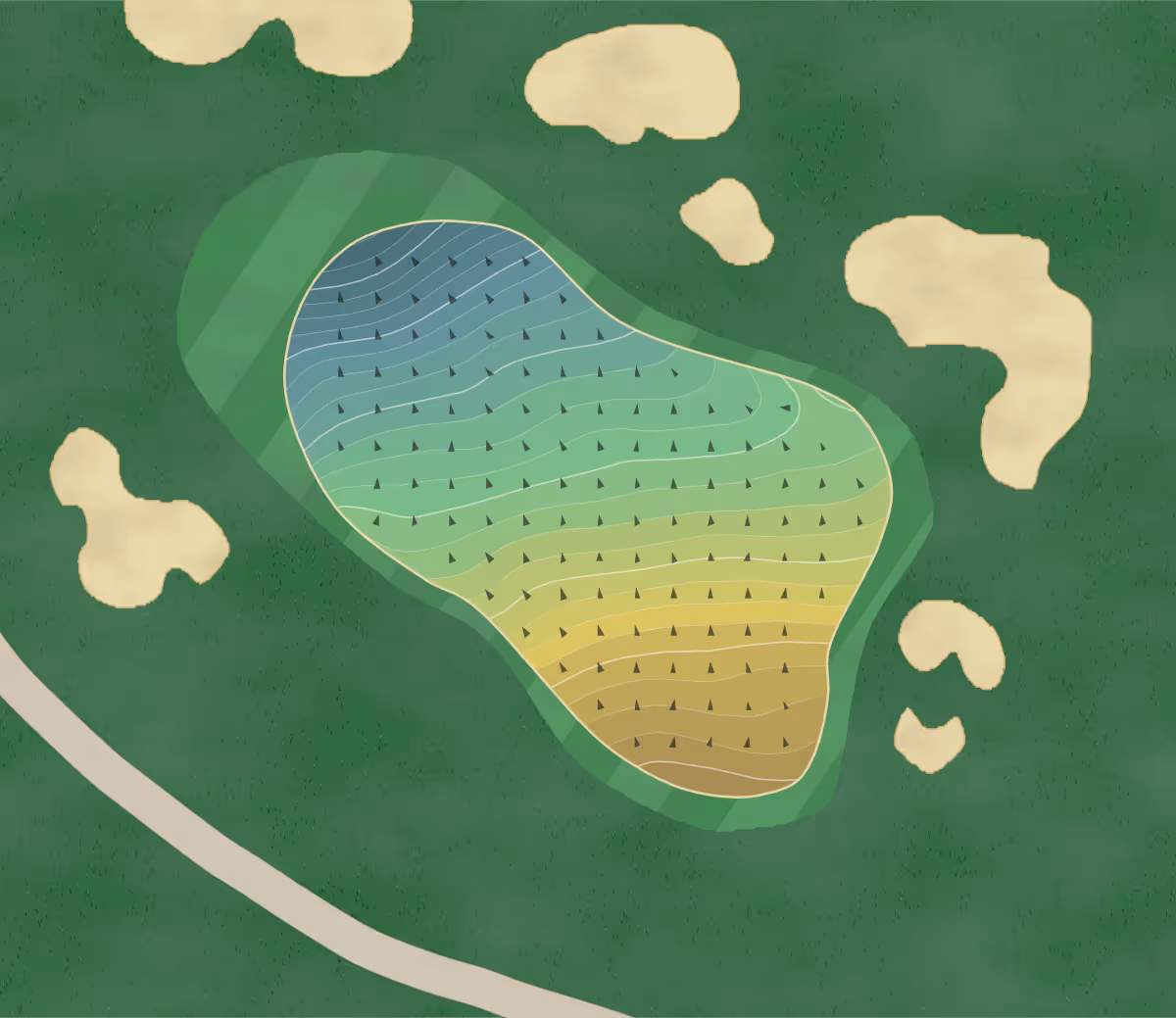 Green contour map of Alwoodley GC in Leeds, England — 304 elevation contours at a 8-centimeter interval with fall-line arrows, traced from 1-meter lidar