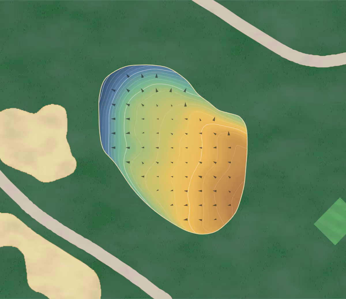 Green contour map of American Classic Club in Lewes, Delaware — 81 elevation contours at a 3-inch interval with fall-line arrows, traced from 1-meter lidar