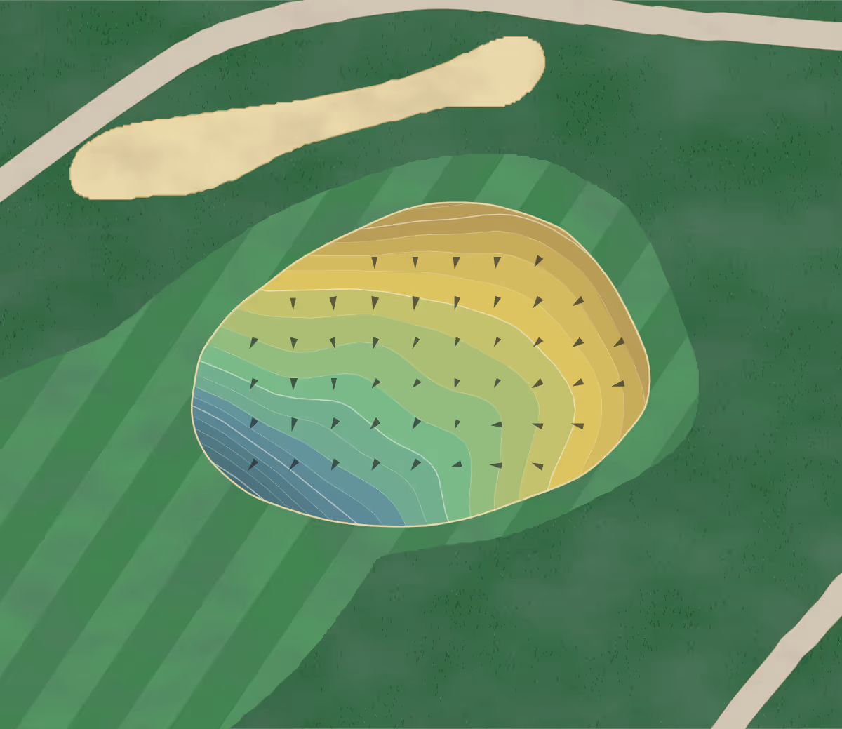 Green contour map of Amesbury Golf in Amesbury, Massachusetts — 121 elevation contours at a 3-inch interval with fall-line arrows, traced from 1-meter lidar