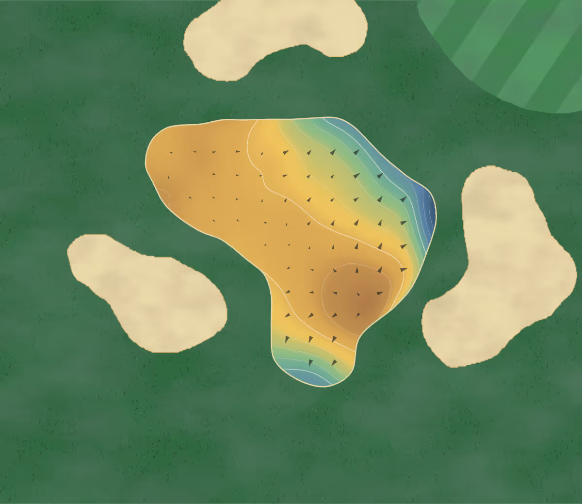 Green contour map of Amherst GC in Amherst, Canada: 203 elevation contours at a 8-centimeter interval with fall-line arrows, traced from 1-meter lidar