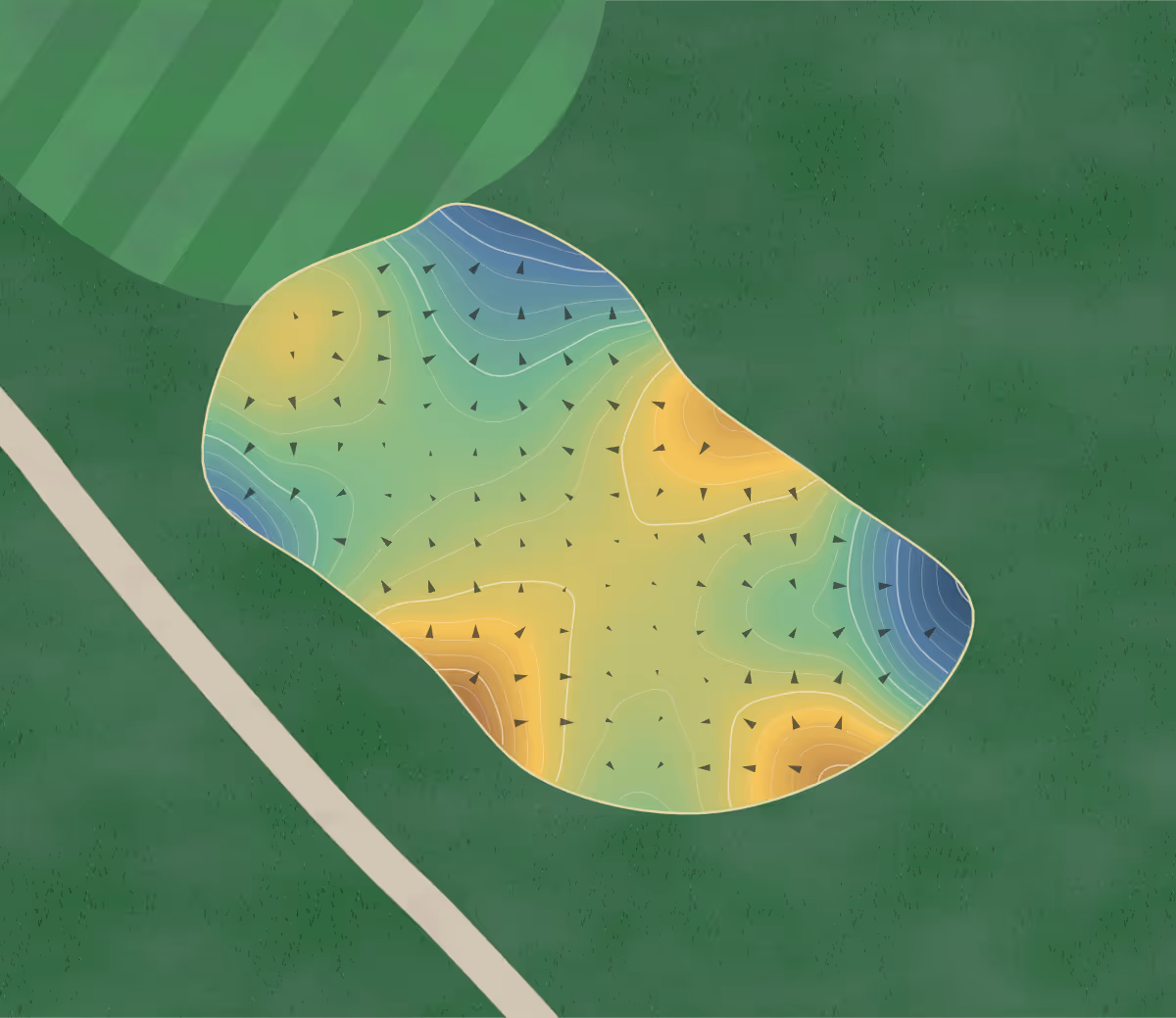Green contour map of Anderson Creek in Spring Lake, North Carolina — 308 elevation contours at a 3-inch interval with fall-line arrows, traced from 1-meter lidar
