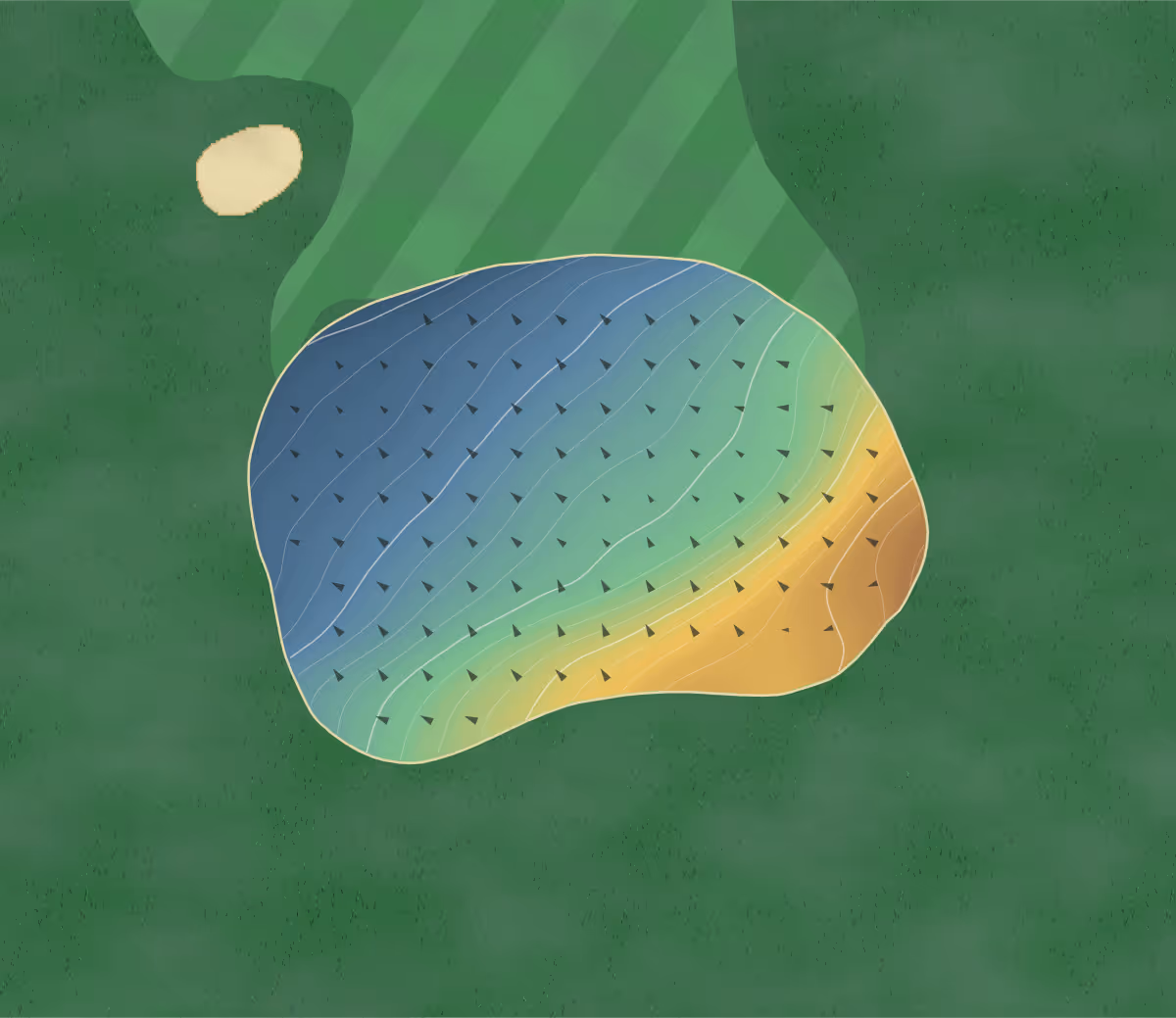 Green contour map of Andover in Andover, Hampshire, England — 126 elevation contours at a 8-centimeter interval with fall-line arrows, traced from 1-meter lidar