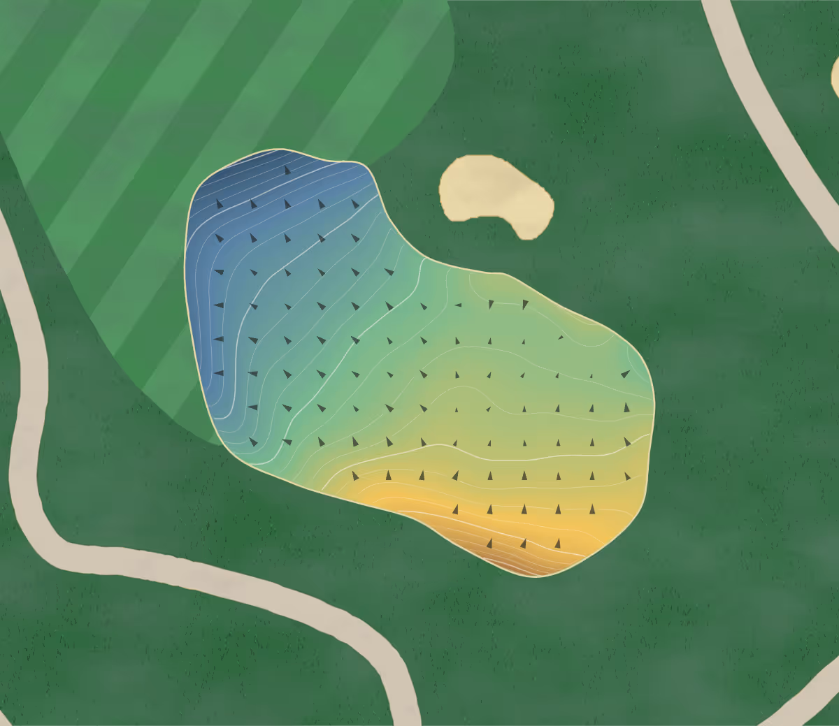 Green contour map of Andrew Johnson in Greeneville, Tennessee: 290 elevation contours at a 3-inch interval with fall-line arrows, traced from 1-meter lidar