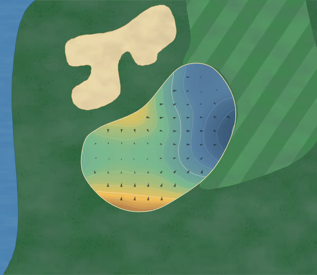 Green contour map of Anetsberger in Northbrook, Illinois: 92 elevation contours at a 3-inch interval with fall-line arrows, traced from 1-meter lidar