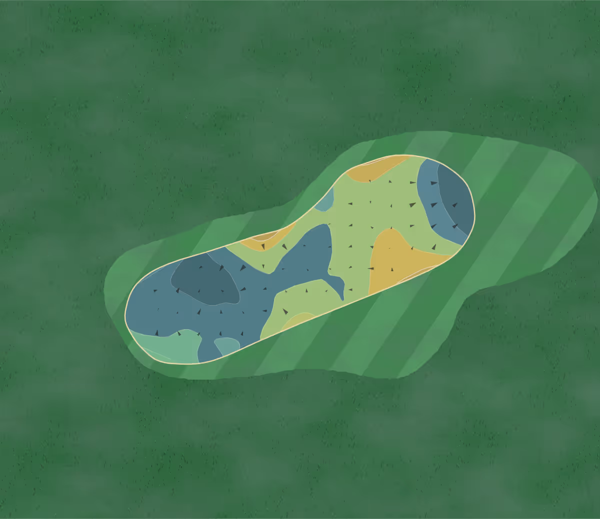 Green contour map of Anglesey in Anglesey, Wales — 96 elevation contours at a 8-centimeter interval with fall-line arrows, traced from 1-meter lidar