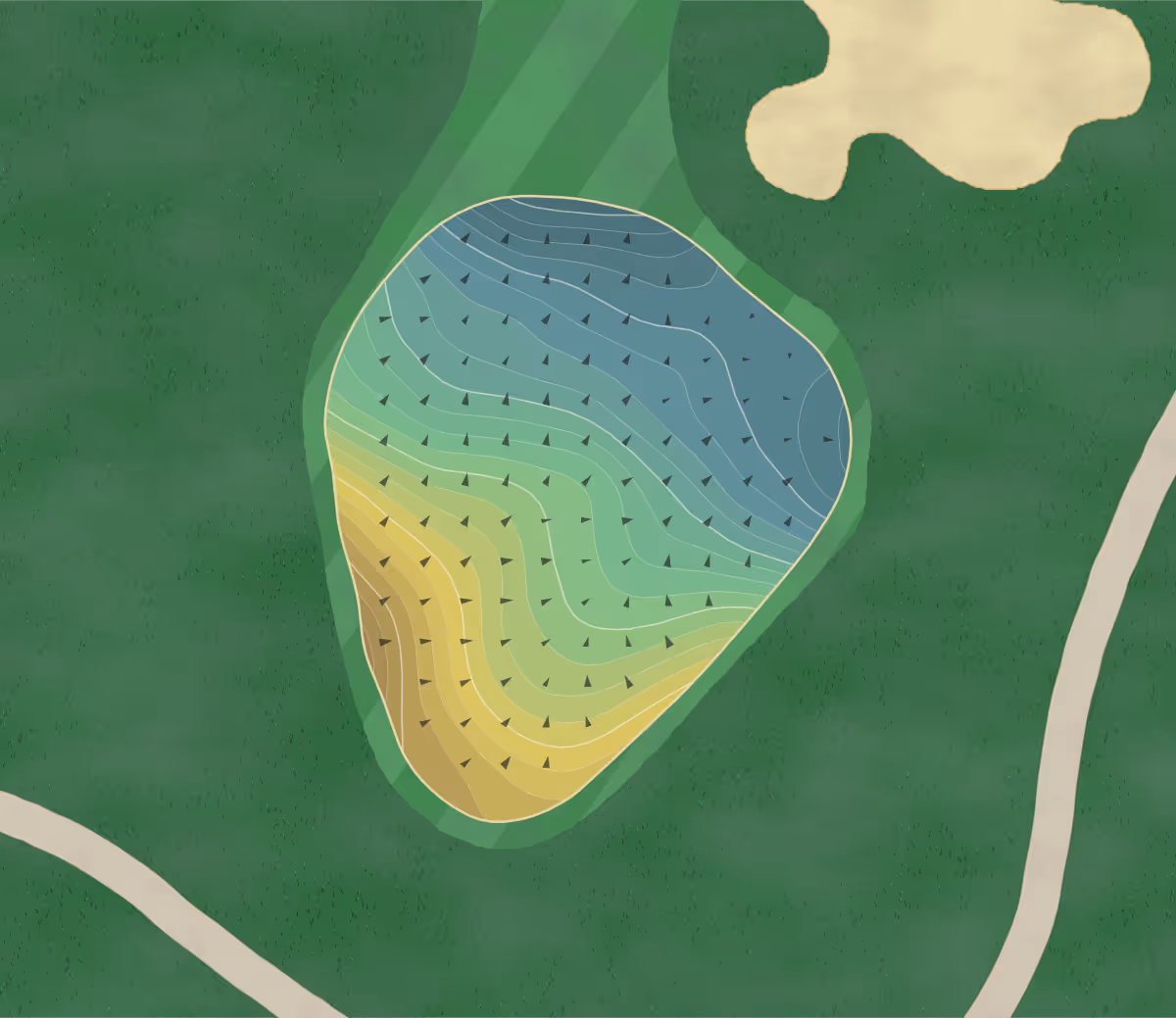 Green contour map of Ann Arbor Golf & in Ann Arbor, Michigan — 147 elevation contours at a 3-inch interval with fall-line arrows, traced from 1-meter lidar