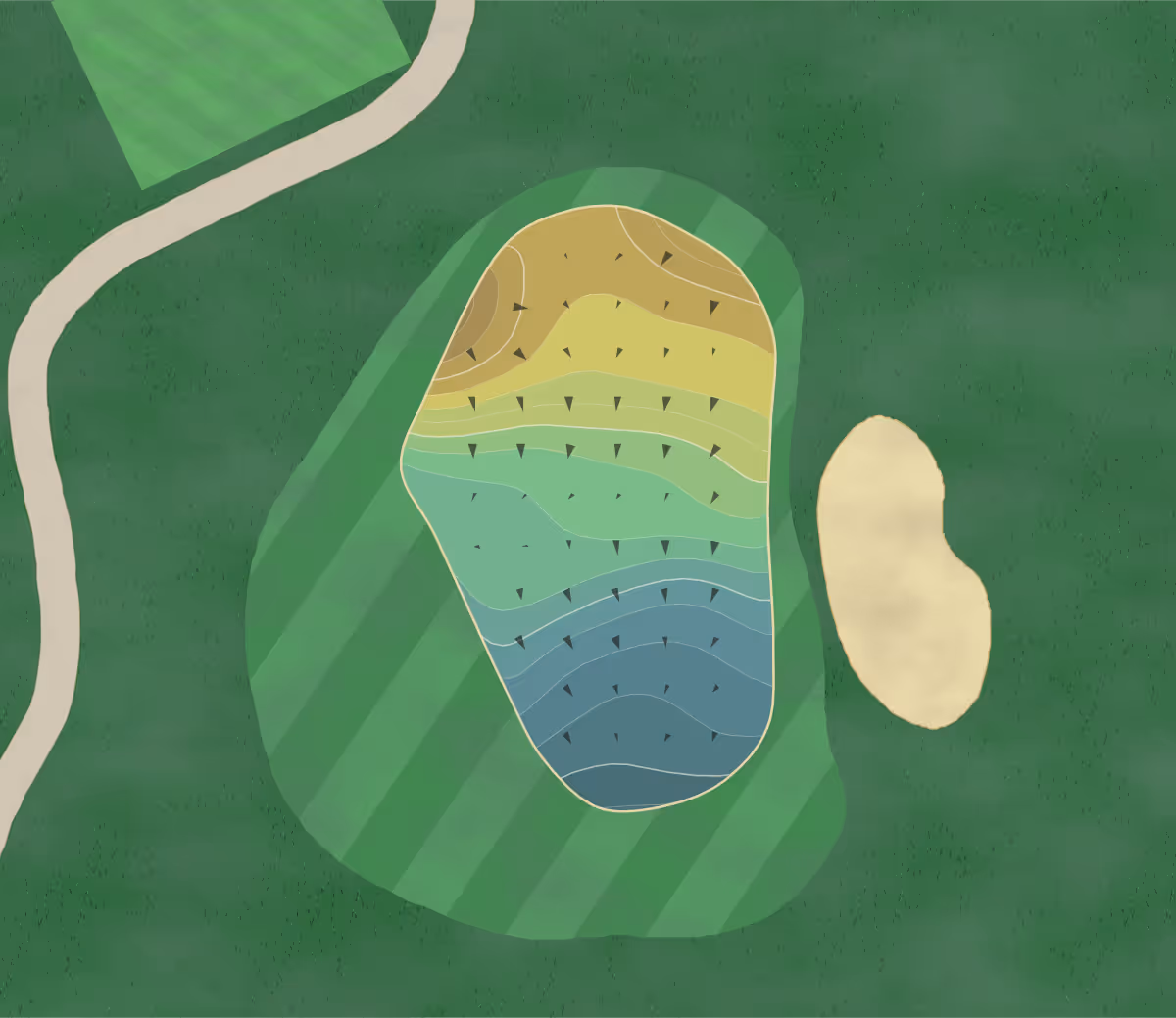 Green contour map of Ansley GC in Atlanta, Georgia — 120 elevation contours at a 3-inch interval with fall-line arrows, traced from 1-meter lidar